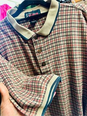 PGA Tour Cream Plaid Short-Sleeve Polo with Red & Navy Trim